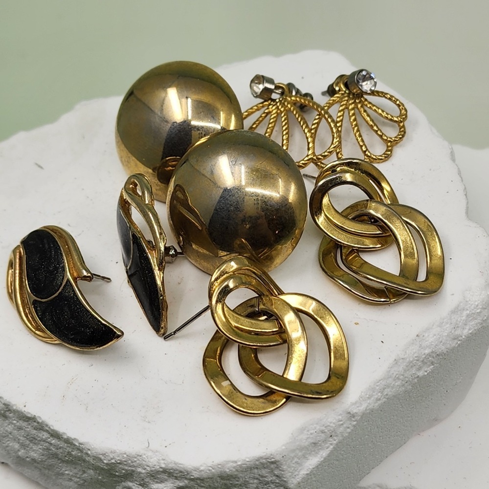 Gold Tone Statement Earrings 4 Pair Lot Chunky Dome Knot Black Rhinestone Retro